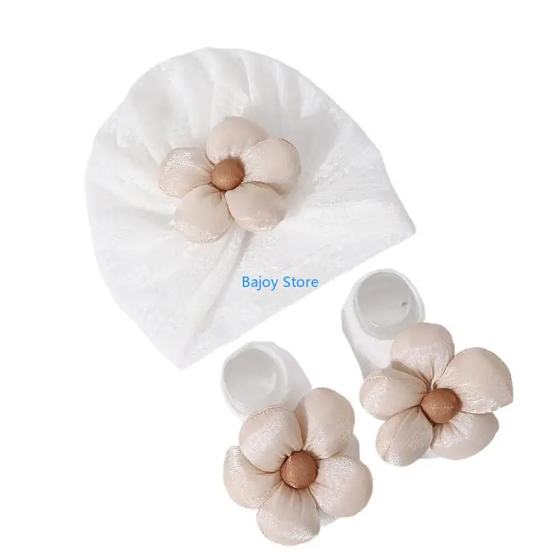 

63HE Baby Girls Turban Hat with Flower Accent Socks Newborns Bonnet 0-12 Month Infant