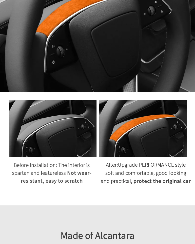 Aus Alcantara gefertigt, für Tesla Model Y Juniper / Model 3 Highland, Zierleiste für das Lenkrad, Innenraum-Tuning-Zubehör. – Detail 4