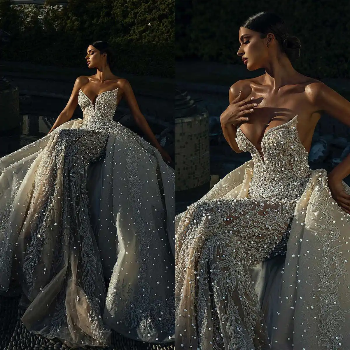 

Gorgeous Wedding Dress For Women Strapless Sleeveless Bridal Gown Sequins Pearls Detachable Train Dresses Custom Made