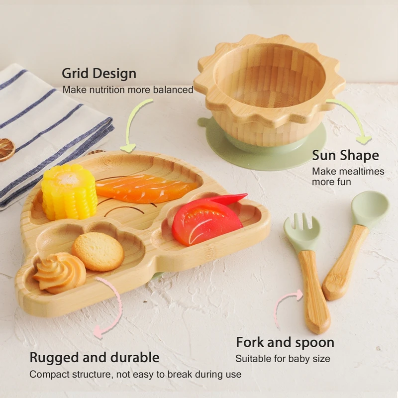 Baby Bamboo Wooden Plate Infant Dishes Children Silicone Suction Plate Feeding Bowl Dishes Spoon Fork Set Kid Tablewares Gift