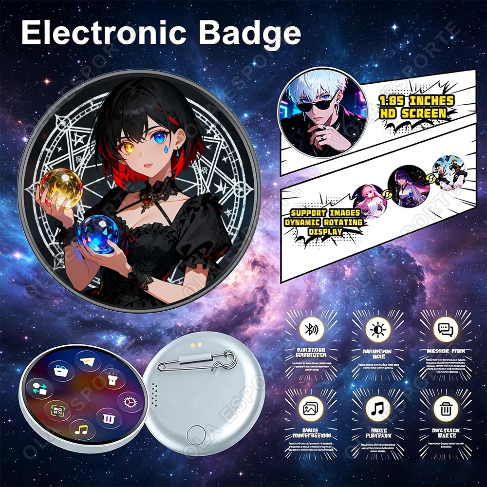 

Blue Tooth Electronic Badge Music Video Playback Colored Lights Dynamic Picture Touch Screen Bidirectional Transmission Brooch