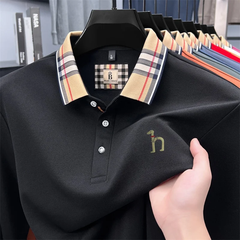 Men's Autumn New Original Fashion Cotton Print Polo Shirt Wrinkle Resistant Solid Color Long Sleeve T-Shirt Versatile Men's Wear