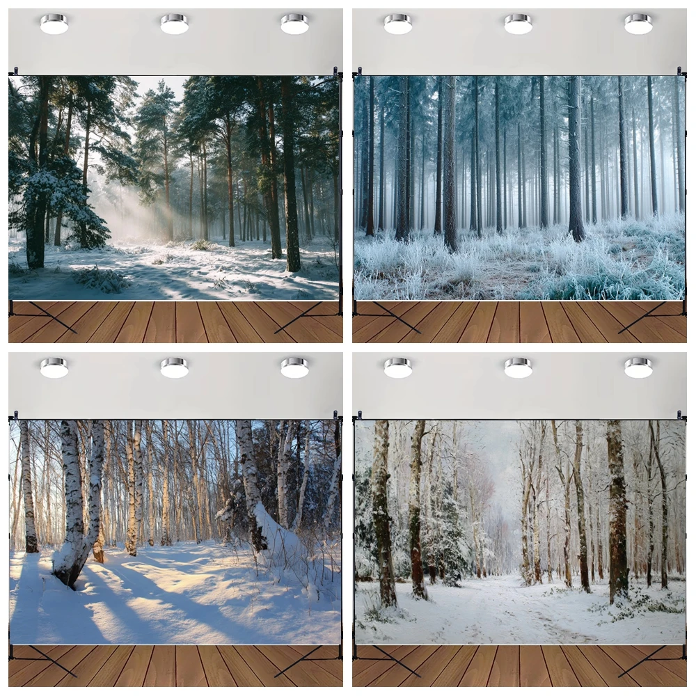 

MOON.QG Snowy Woodland Scenes Photography Background Misty Pine Path Christmas Waterfall Backdrop Portrait Photozone Banner