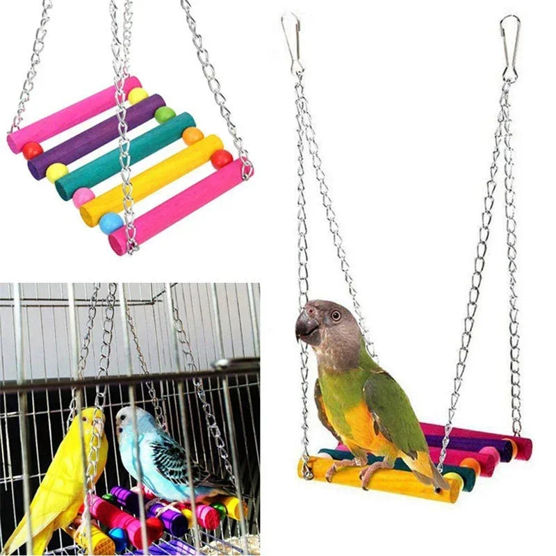 Bird Toys Set Swing Chewing Training Toys Small Parrot Hanging Hammock Parrot Cage Bell Perch Toys with Ladder Pet Supplies 1pc