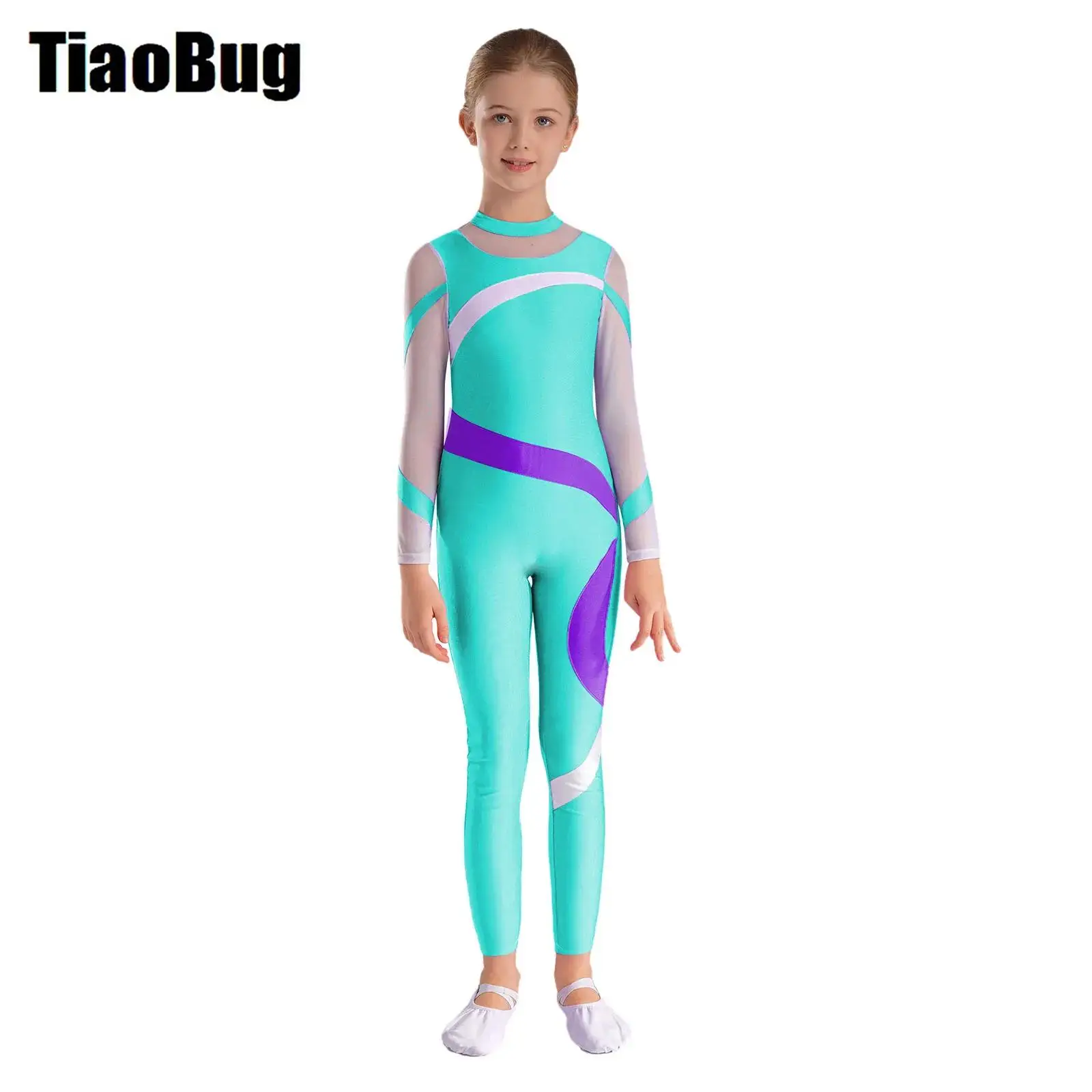 

Kids Girls Figure Skating Leotard Contrast Color Jumpsuit Sheer Mesh Patchwork Long Sleeve Keyhole Back Bodysuit for Dance