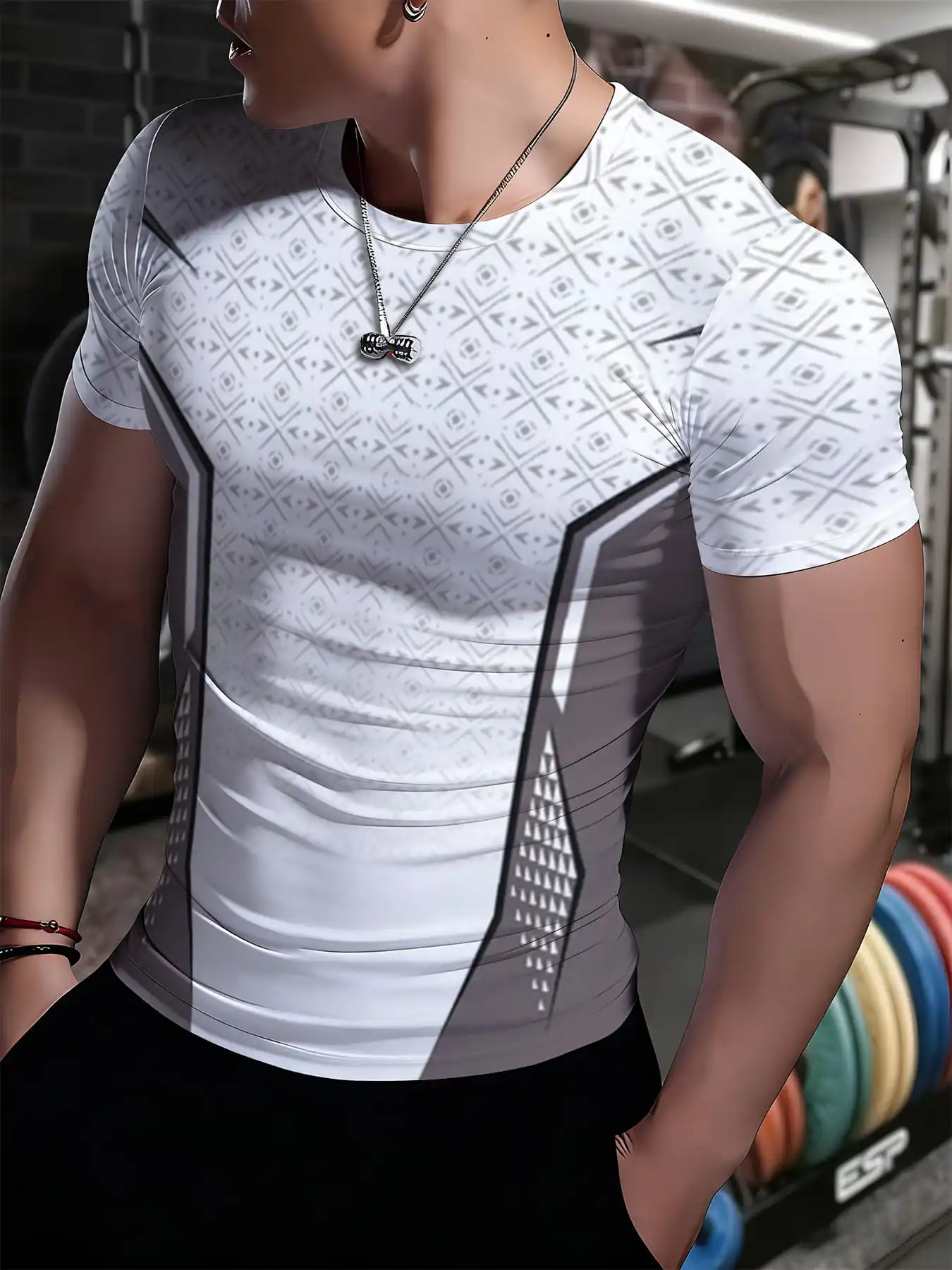 Men Quick Dry Sports Tee Grey Geometric Pattern Back Short Sleeve Training Top