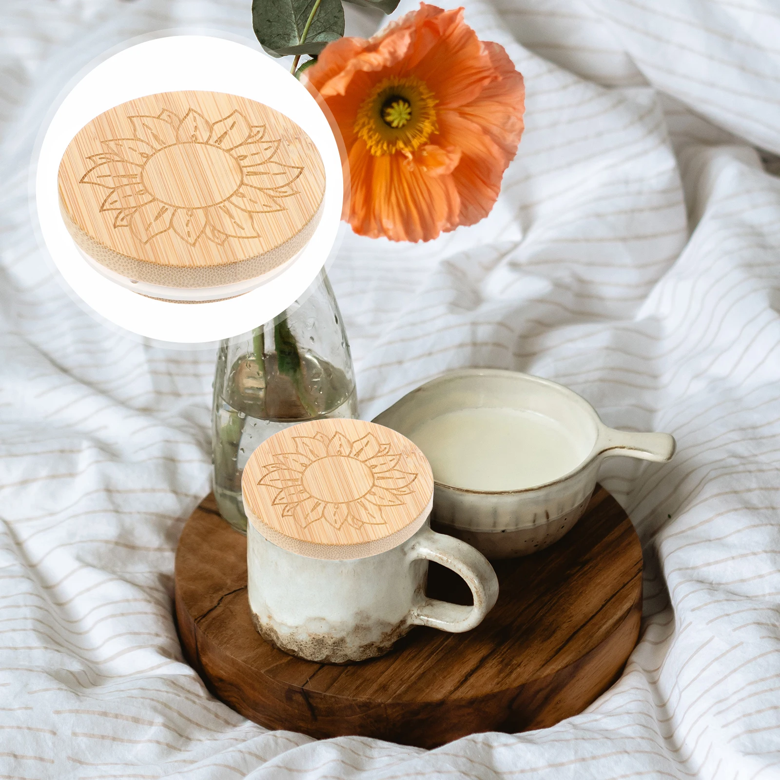 

8Pcs Bamboo Jar Lids Wooden Lids Sunflower Design for Yogurt Honey Glass Jar Sealing Dustproof Storage Use Wooden Lid