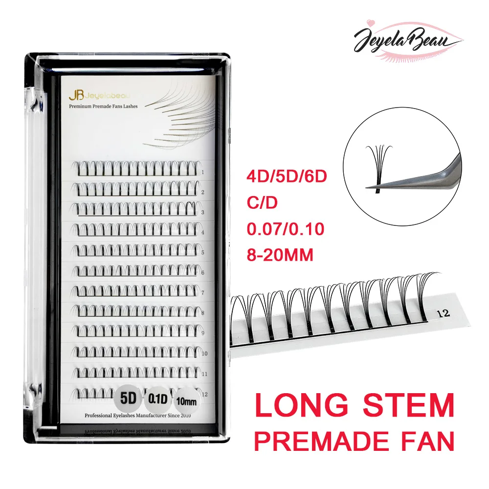 JB 3D/5D/6D Long Base Premade Lash Fans Long Stem Pre-made Volume Fans Mixed Length Eyelashes Extensions Soft Faux Mink Lashes