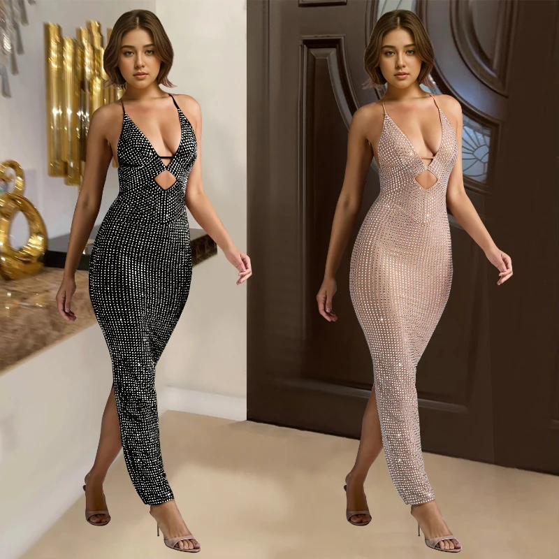 セクシーなホローデザインのVネック、ホットなダイヤモンド装飾、ノースリーブのロングスカート、ファッショナブルなスリット入りレディースドレス、ナイトクラブ、パーティー、バーの服装