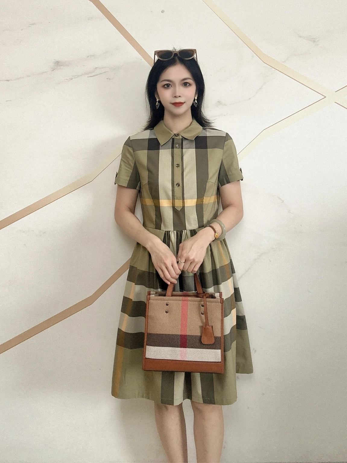 Verão novo feminino fino ajuste listrado gola irt casual versátil midi dr faionable ort sve dr para escritório