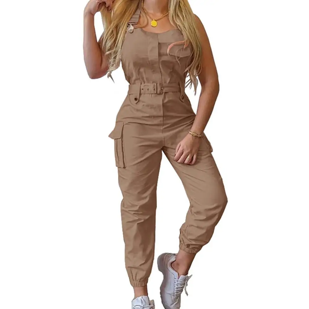 Jumpsuit Fashion Overall Pocket Women Sleeveless Pockets Blet Ankle Tied Long Pants Jumpsuit