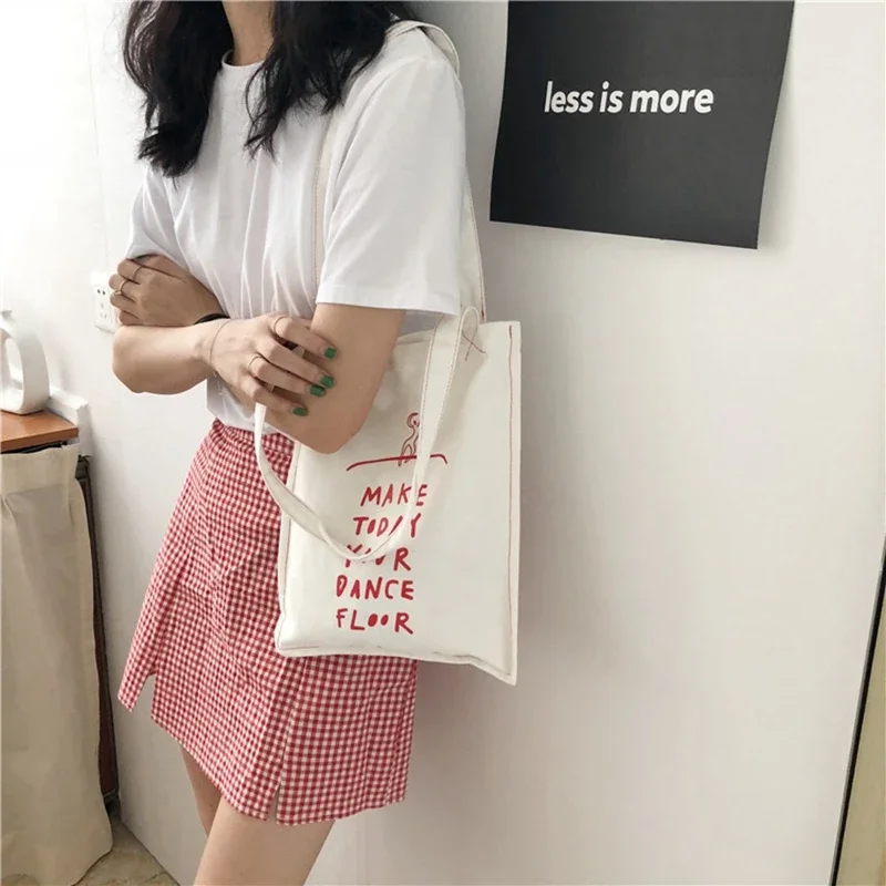 Youda Women\'s Korean Simple Handbag Red Letter Printing Art Reusable Shoulder Bags Summer Ladies Canvas Book Shopping Totes Bag