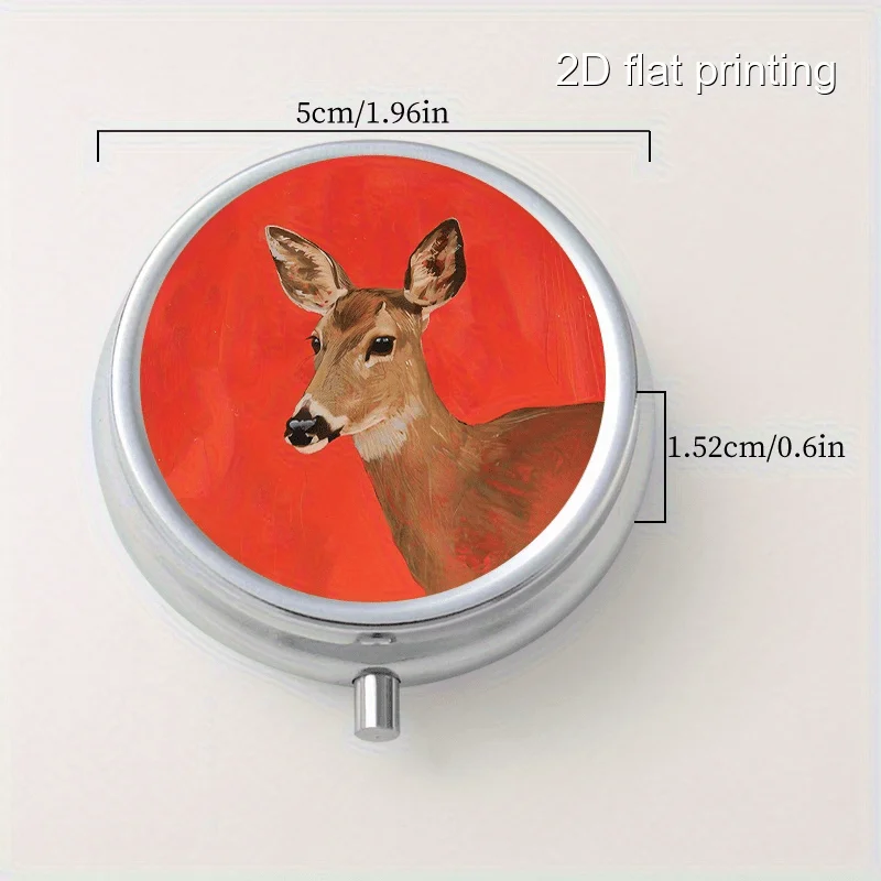 Creative Deer Print Pattern on Oil Painting, Round Metal Box with 3 Compartments, Portable Mini Metal Box, Vitamin Metal Box, Portable Metal Box for Home and Travel, Multifunctional Sorting and Storage Box, Decorative Box for Earrings and Jewelry, Multi-Compartment Storage Small Metal Box, Sealed and Moisture-Proof, Unique Holiday Gift for Family and Friends
