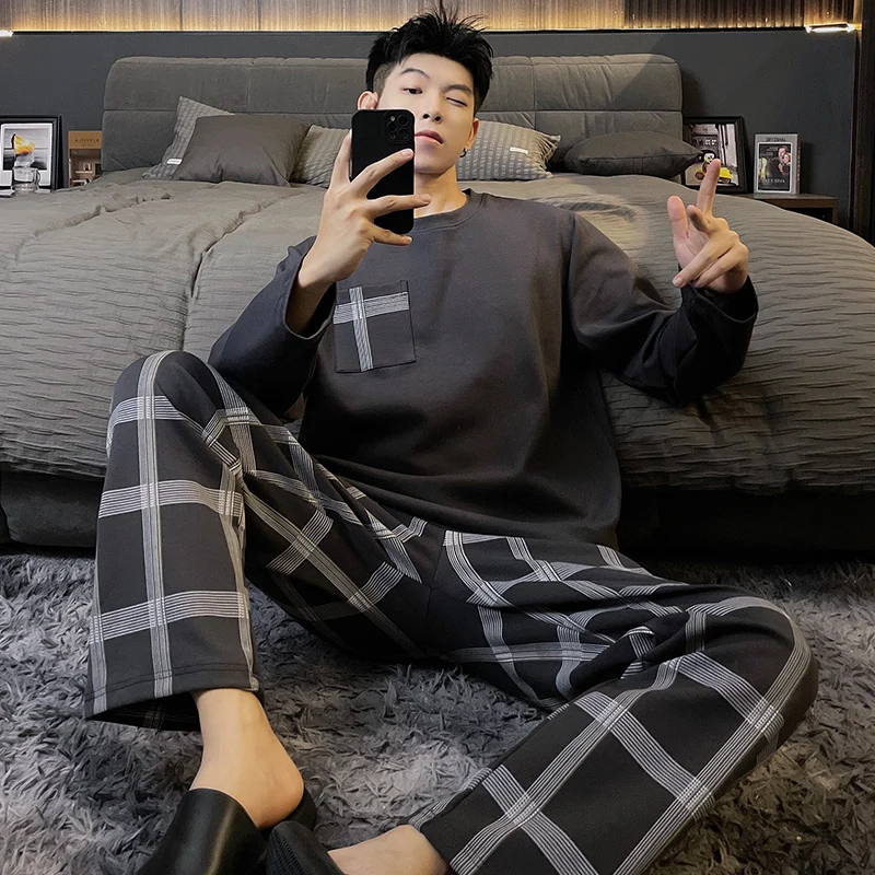 spring Autumn Leisure loose young Boys Sleepwear Men's Pajamas Set Stripe Long Sleeve Nightwear Pijama Home Wear y2k men Clothes