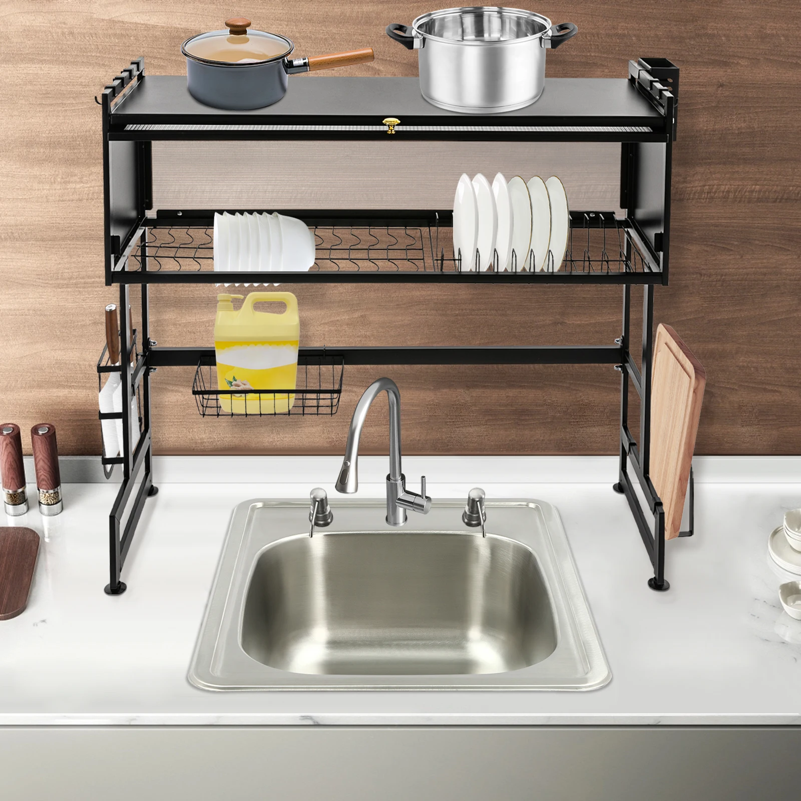 

2 Tier Dish Drying Rack with Slotted Knife Holder and Small Round Handle for Drying Cutlery, Chopping Boards, Spoons, Forks