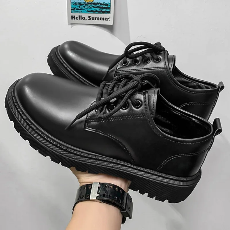 Zapatos sepatu kulit gaya Inggris pria, alas kaki Oxford kasual bisnis warna hitam, sepatu desainer Chunky