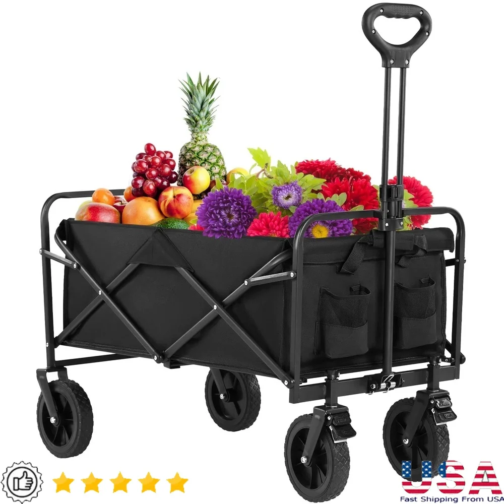 

Portable Folding Shopping Cart Large Capacity Utility Wagon with All-Terrain Wheels Adjustable Handle Dual Drink Holders Outdoor