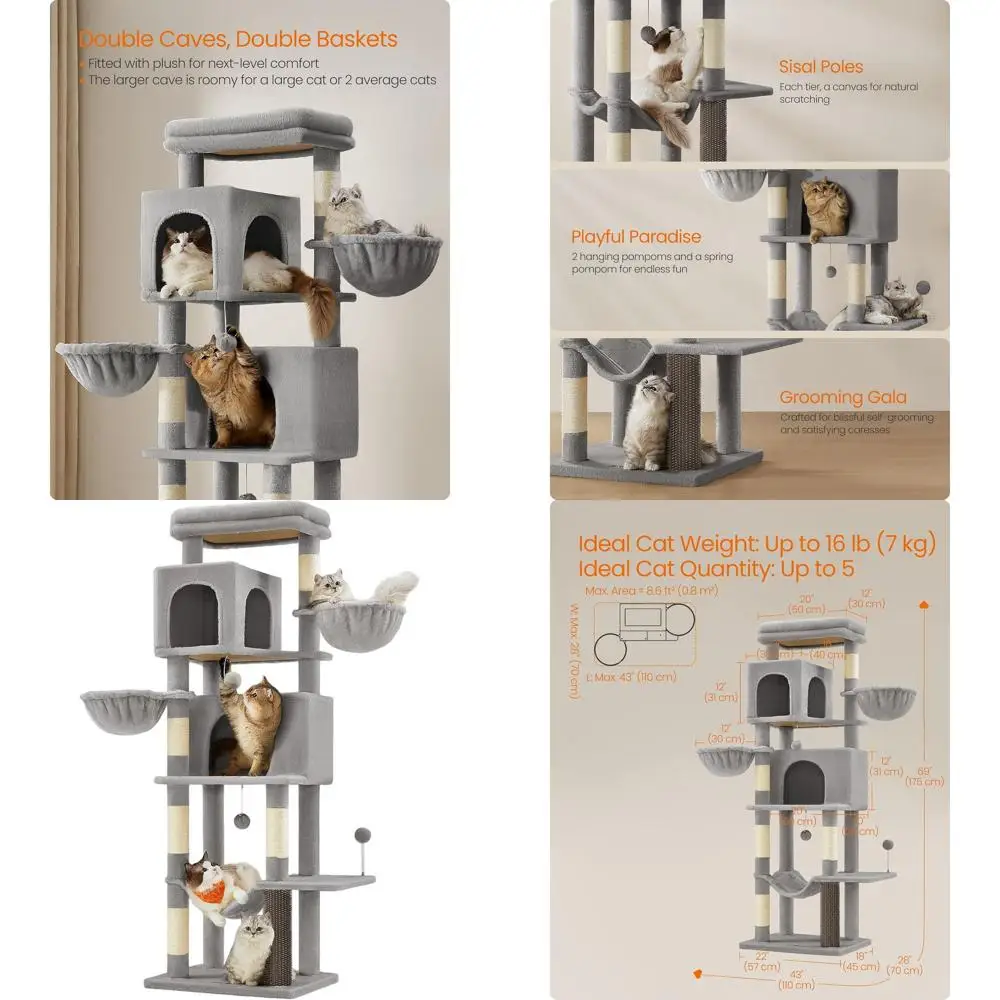 

Многоуровневая кошачья лестница-башня 69 с 2 пещерами, 2 корзинами, 5 стойками, функцией самоочистки, лежанкой и гамаком, цвет голубисто-серый