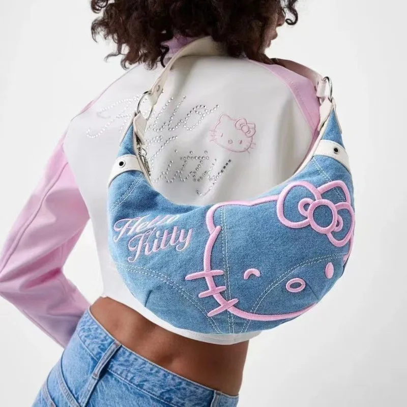 Sanrio Hello Kitty Y2k Denim Half Moon Bag Japan Style Kawaii Embroidery Underarm Bags Cute Anime Zipper Shoulder Bags For Women