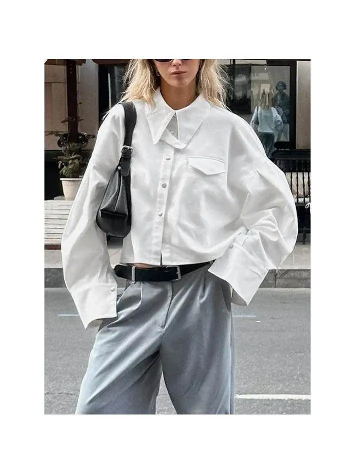 

Loose Pure Cotton ort Sve irt Faionable Top Women's Casual Sle Straight Cut Knot Long Sve Embroidered...