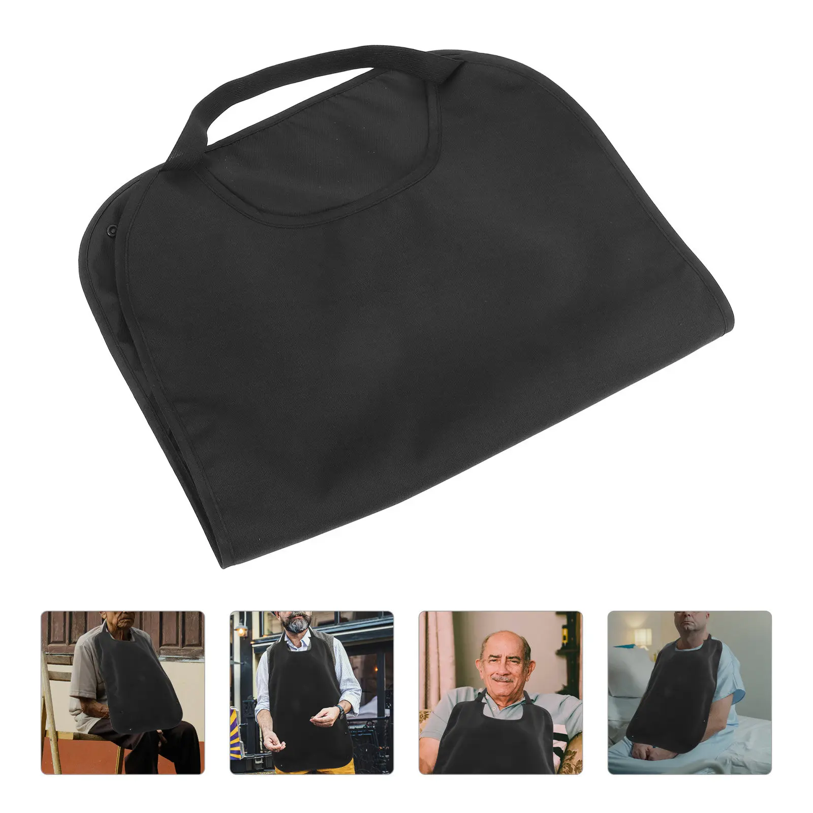 Black Adult Bib Waterproof Polyester Stretchable Neck Hanging Design Crumb Collector for Seniors Elderly Disabled Patients