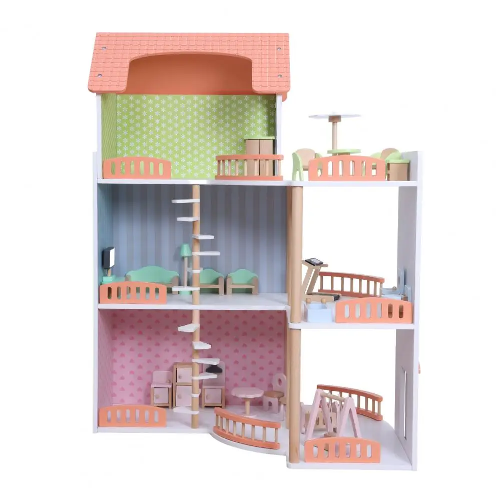 Poppenhuisset, speelhuisspeelgoed voor meisjes, huishuisje speelgoedset, 3-laags houten doe-het-zelf fantasiespel poppenhuis met meubelaccessoire