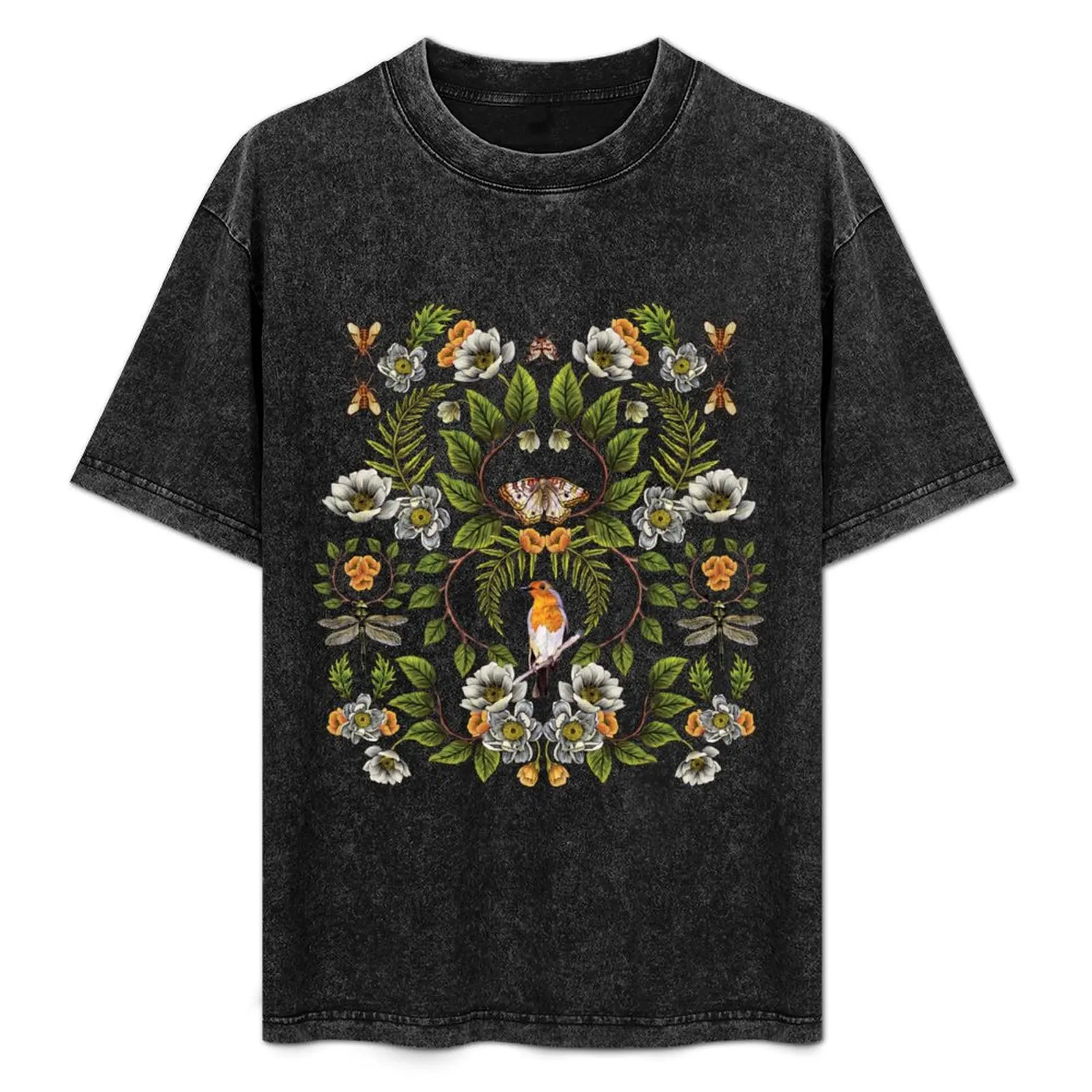 Spring Reflection - Floral/Botanical Pattern w/ Birds, Moths, Dragonflies & Flowers T-Shirt