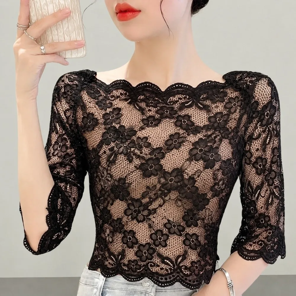 New One-word Collar Women Cropped Tops See-through Embroidery Half Sleeve Blouse Lace Pullover Tops Summer