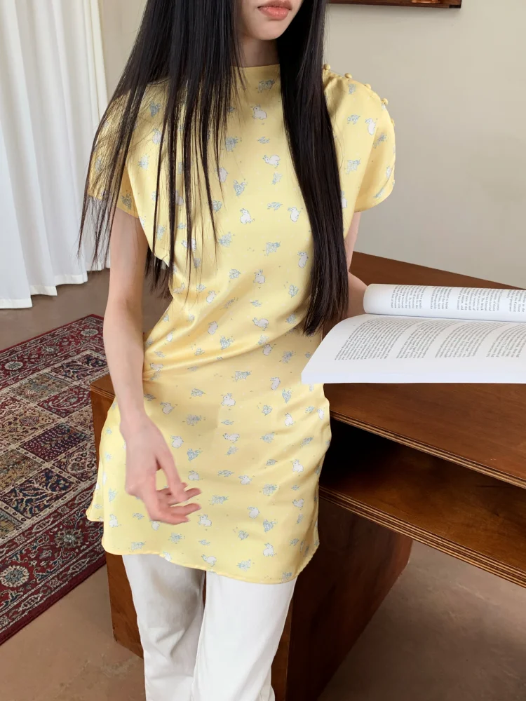 CHEERART Yellow Rabbit Animal Print Satin Short Dress For Woman Summer 2025 Short Sleeve Cute Mini T Shirt Dress Vintage Clothes