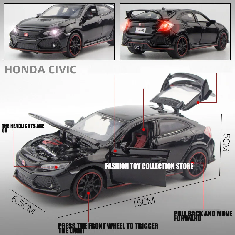 1: 32 CIVIC TYPE R Fast&Furious Alloy Car Model Diecasts Toy With Sound and Light Vehicles Decoration Toys For Kids Gift