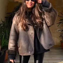 Abrigo de forro polar de imitación para mujer, chaqueta cálida con bolsillo sólido para exteriores, Top de aislamiento grueso, abrigo de solapa en contraste, Otoño e Invierno