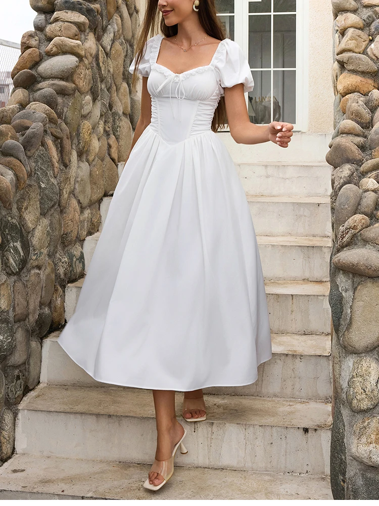 NewAsia Women's White Puff Sleeve Midi Dress Lace Trim A-Line Backless Tie Pockets Elegant Wedding Guest Vacation Long Dresses