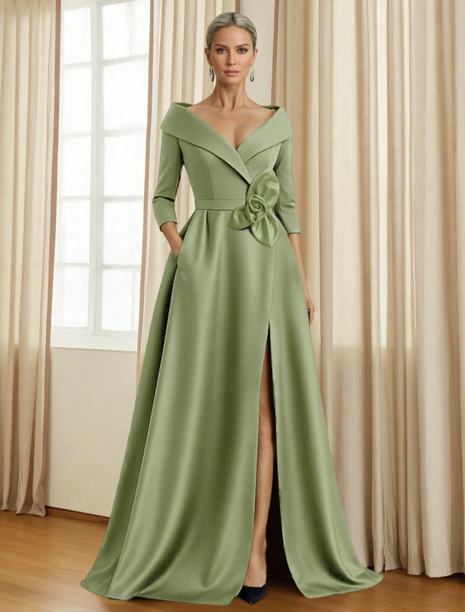 A-Linie Abendkleid, elegantes Kleid, formelle Hochzeitsgäste, bodenlang, 3/4-Ärmel, Hemdkragen, Tasche mit Blumen, 2025