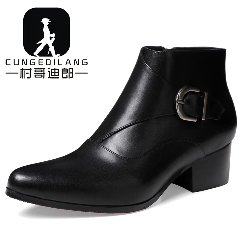 

Size 36-44 Men Heightened Shoes Fashion Buckle Men High-heeled Boots Leather Chelsea Ankle Boots Spring Autumn Shoes