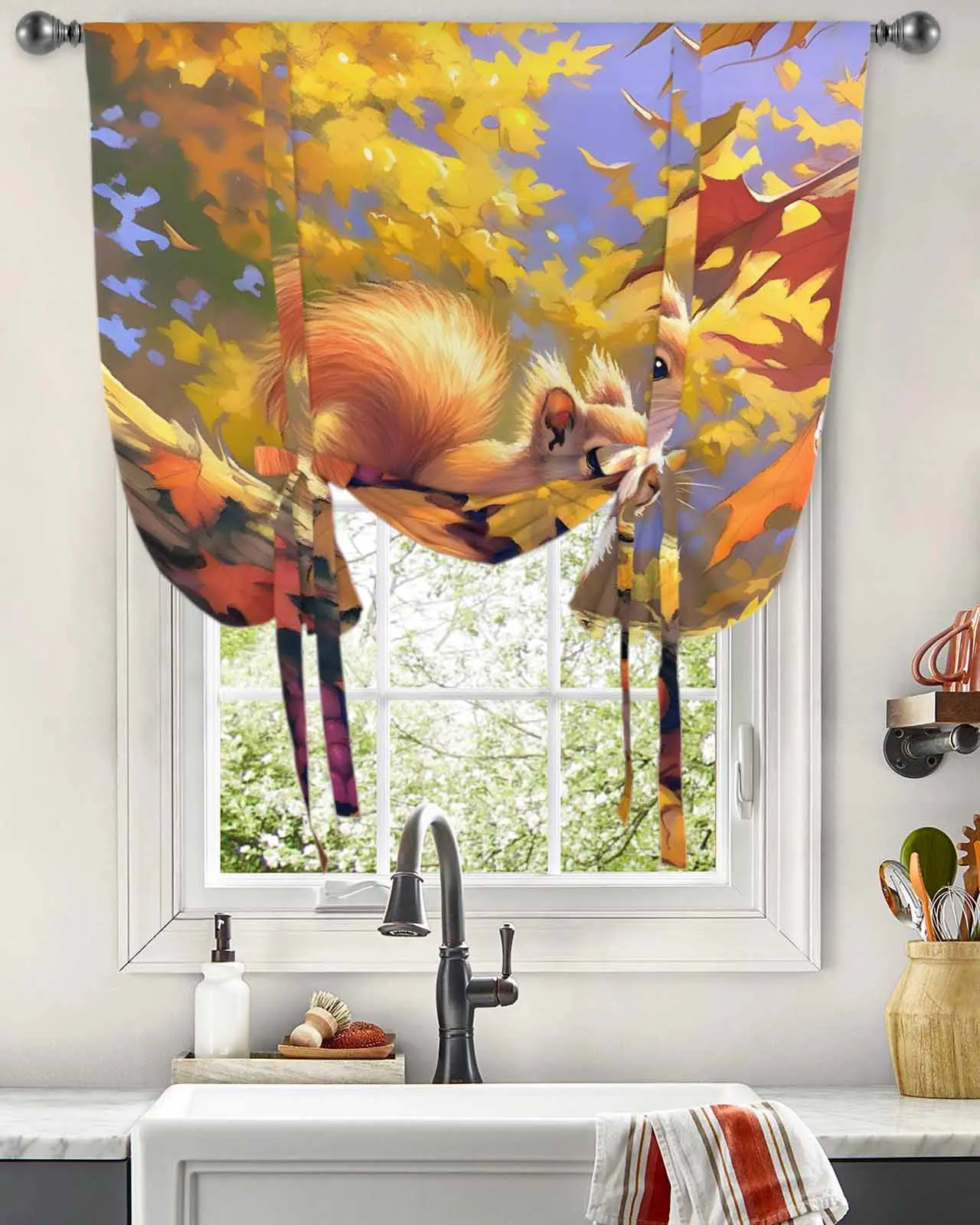 Forest Squirrel Maple Leaf Mushroom Window Curtain for Living Room Home Decor Blinds Drapes Kitchen Tie-up Short Curtains