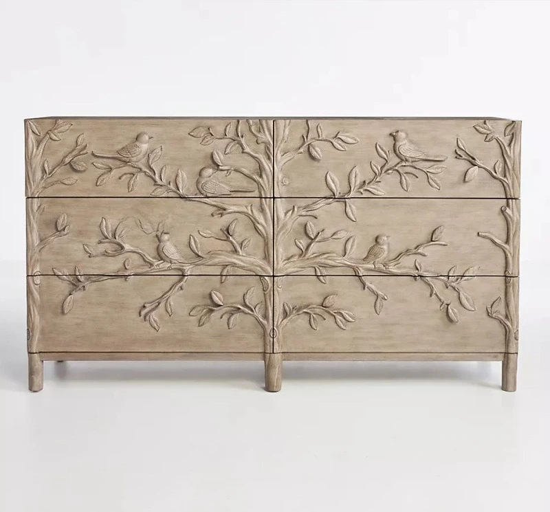 retro hand-carved bird six buckets dresser American antique solid wood carving flower bucket cabinet decorative porch cabinet