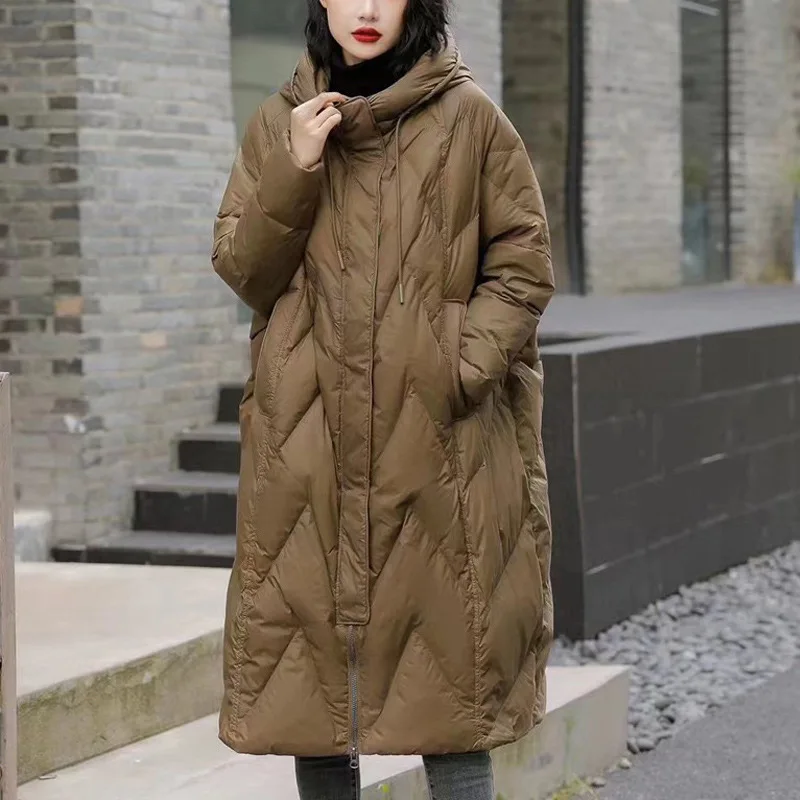Women's Clothing Down Jacket New Style White Duck Down Thickened Below The Knee Fashionable Loose Fit Stylish Plus Size Warm