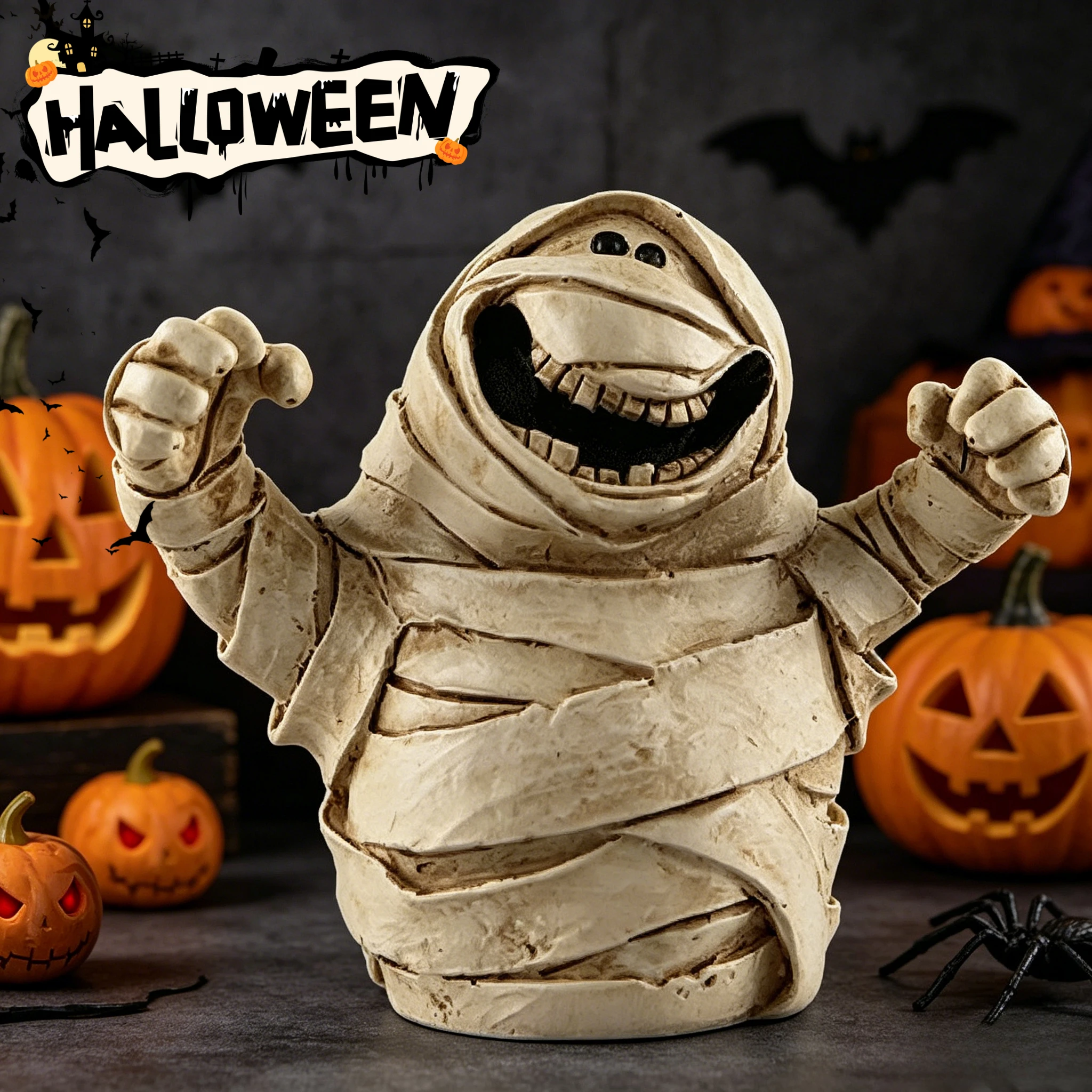 Halloween Mummy Figurine Cute Decor Ghost Pumpkin Head Resin Candle Mini Landscape Clockwork Girl Pot Bedside Ornament Set
