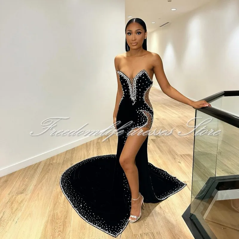 Elegant Burgundy Prom Dresses For Black Girl 2024 Crystal Mermaid Split Party Gowns Sweetheart Velvet Evening Dresses Customized