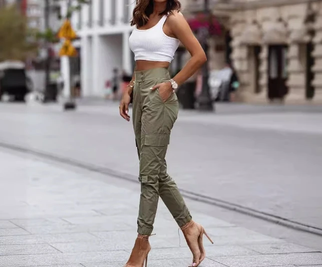 Women's Pants 2024 Spring Fashion Casual Army Green Pocket Design High Waisted Daily Cuffed Cargo Pants Y2K Streetwear