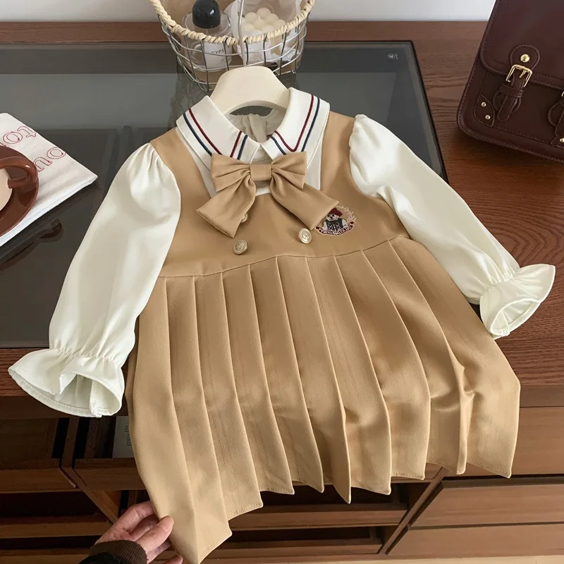 Child Girl Trendy Preppy Style Princess Dress 2024Spring New Bow Fake Two Pieces Dress