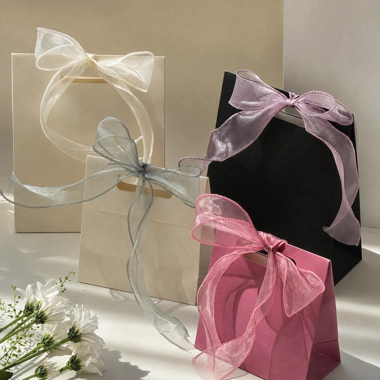 Thickened Kraft Paper Gift Bag with Bow Ribbon Portable Gift Tote Bag Jewellery Bags for Wedding Birthday Christmas Shopping