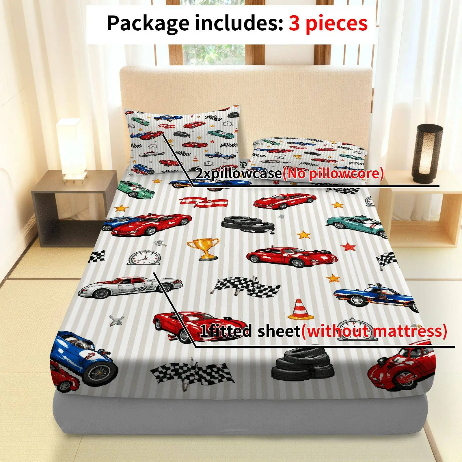 Racing-themed bedding set with racing flag pattern, fitted sheet set, mattress protector, fitted elastic style, protective cover, mattress protector, fitted bedding, Christmas-themed bedding, red and white color scheme, cute Chihuahua wearing a wreath and holding a lantern