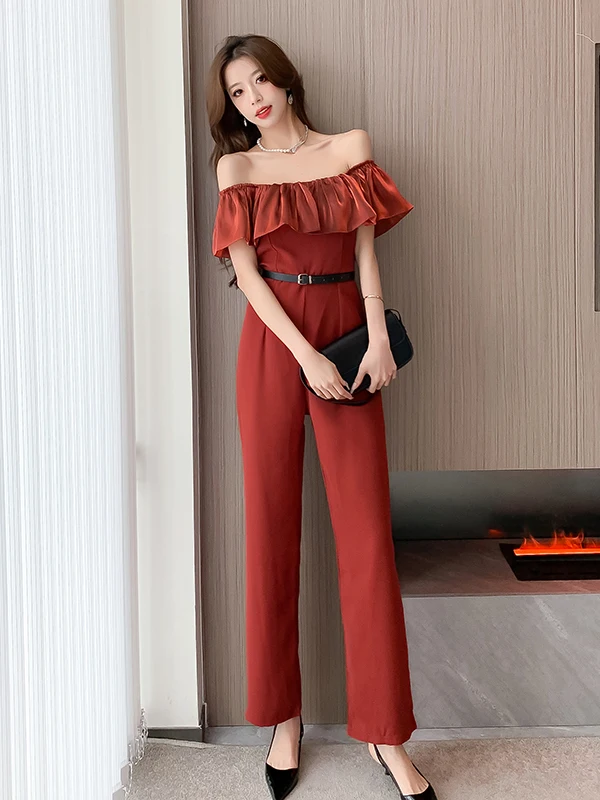 

Casual High Waist Straight Leg Pants One Shoulder Ruffle Jumpsuit Design Sensation Summer New Style Elegant Lady Wind