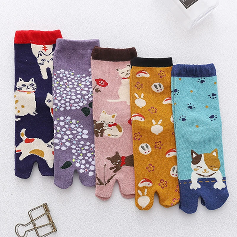 5 Par Uroczych Skarpetek Tabi Damskich Dziewczęcych Nowatorskie Skarpetki z Dwoma Palcami Zabawne Skarpetki z Kotem Królikiem Kreskówkowym Kawaii Dzianinowe Bawełniane Skarpetki z Palcami