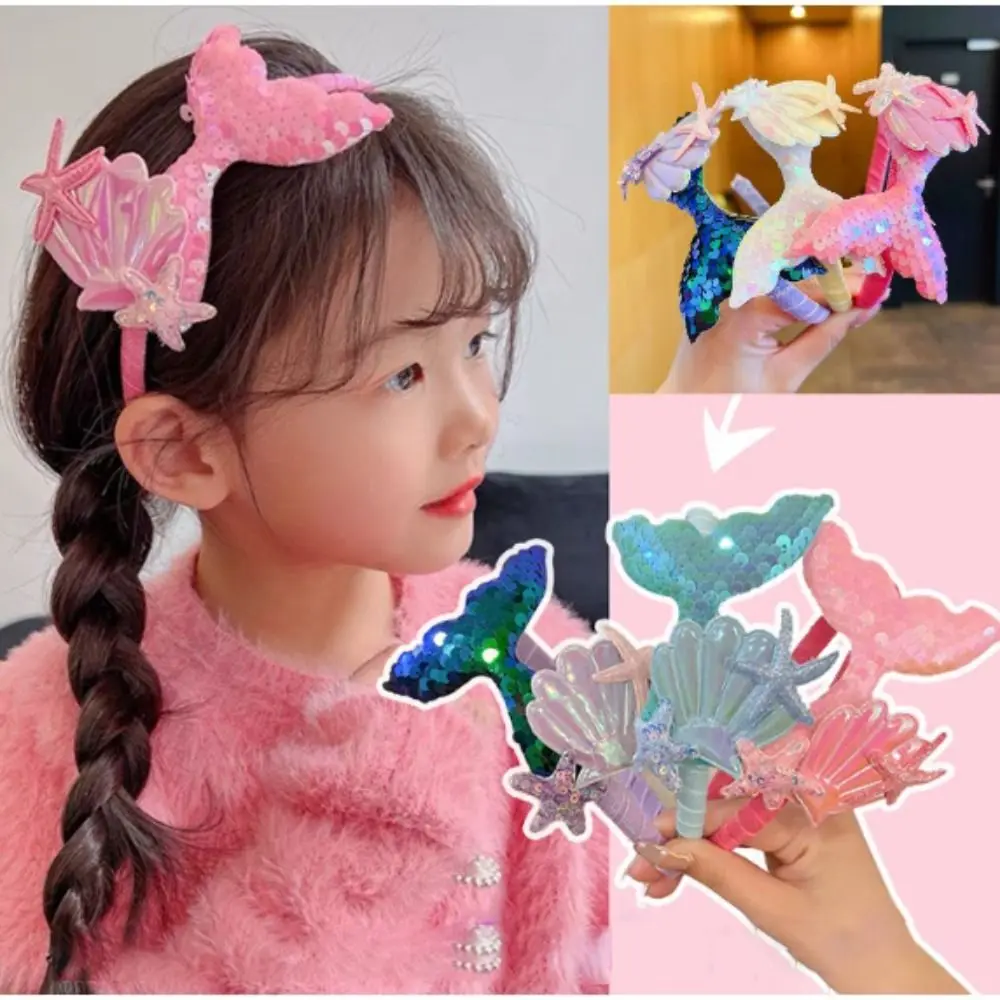 Cartoon Mermaid Children Headband Cute Thin Hair Hoop Starfish Shell Princess Laser Sequin Hairband Women Girl Hair Accessory