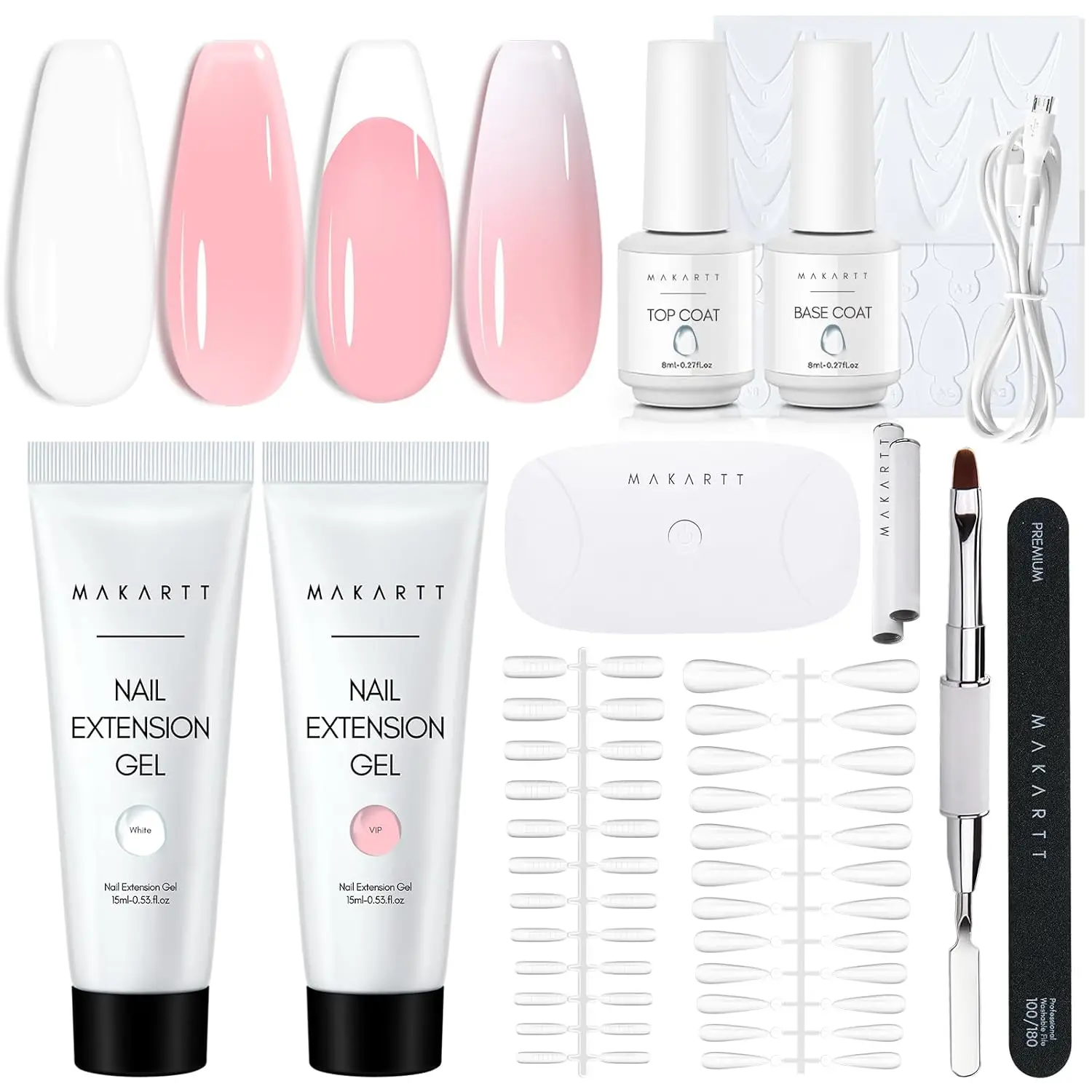 Makartt Poly Nail Gel French Manicure Kit : White Pink Hard Gel for Nail Extension 15ML, UV LED Nail Lamp, Base Top Coat