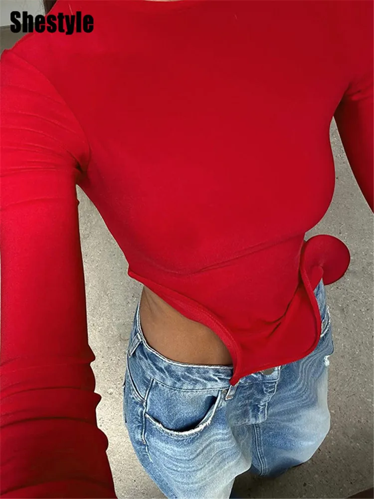 Shestyle rouge asymétrique volants T-Shirts femmes fer forme col rond automne brillant manches évasées culture hauts nouveautés T-Shirts