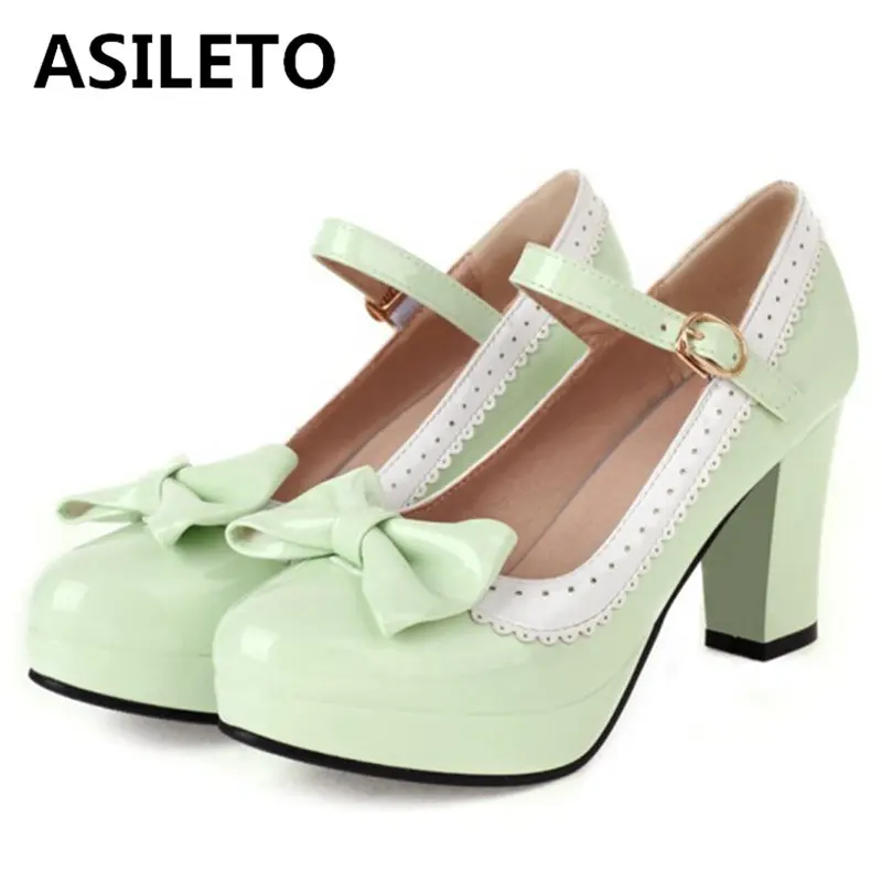 ASILETO 2023 primavera papillon décolleté Mary punta tonda cinturino con fibbia in PU dolce 9cm tacchi a spillo taglia grande 33-46 A4089 verde