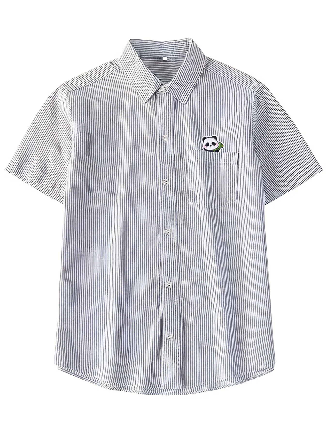 

Men's Summer New Cartoon Red Panda Holding Bamboo Short-Sleeve Fine Stripe Shirt, Fashionable Commuter and Casual Wear